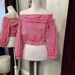 Zara Red and White Stripped Off The Shoulder Crop Top Size Small
